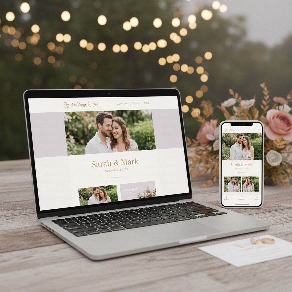 A laptop and phone displaying a sample wedding website